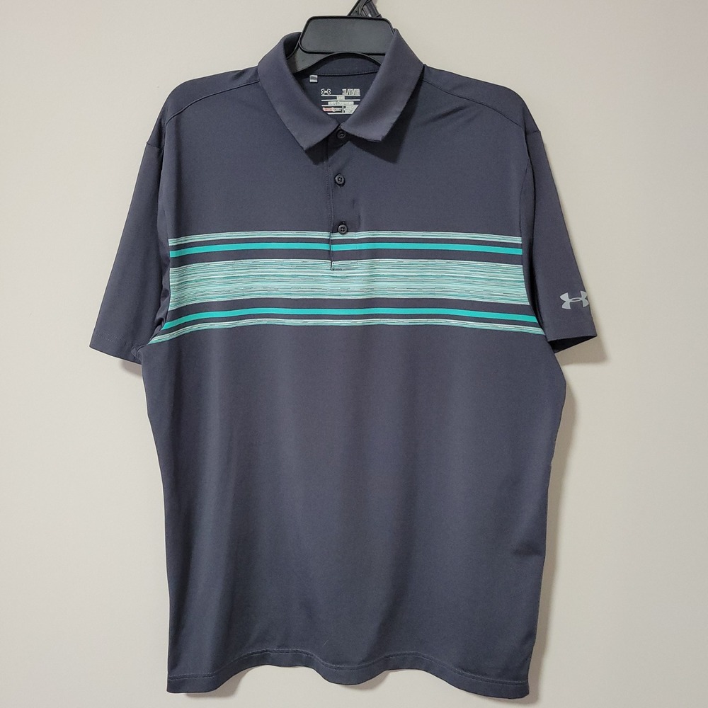 Under Armour Polo Shirt Mens XL Gray Striped HeatGear Loose Fit Short Sleeve